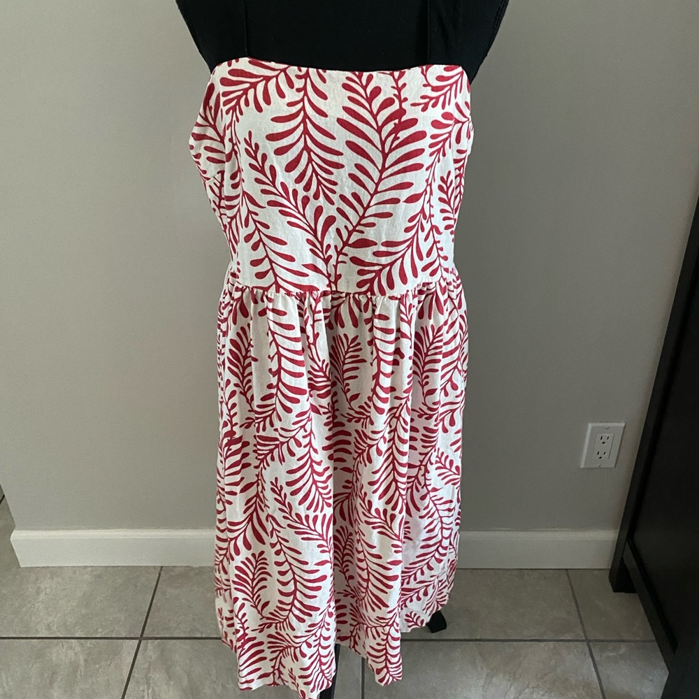 Linen Red and Cream Dress with thick black straps